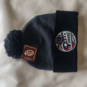 'Wolf' Indigenous design by Jason Peters, Salish Pom Pom Toque